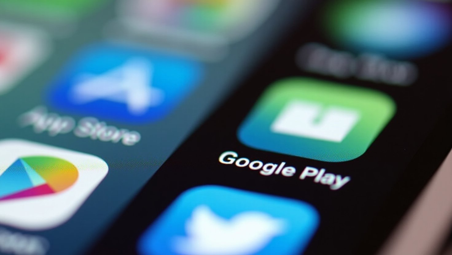 Close-up view of smartphone screens showing multiple app stores side by side